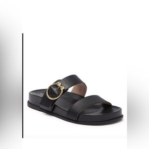 Stuart Weitzman Black Slide Sandals with Gold Buckle womens size 10